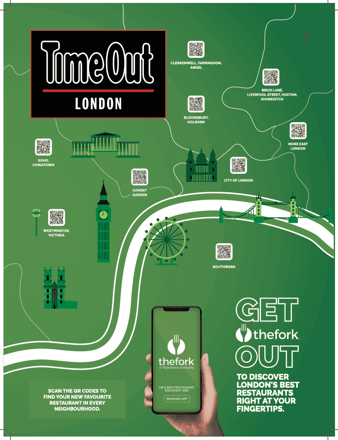 Affiche TimeOut mettant en avant l'application TheFork pour faire une réservation dans les restaurants londonniens