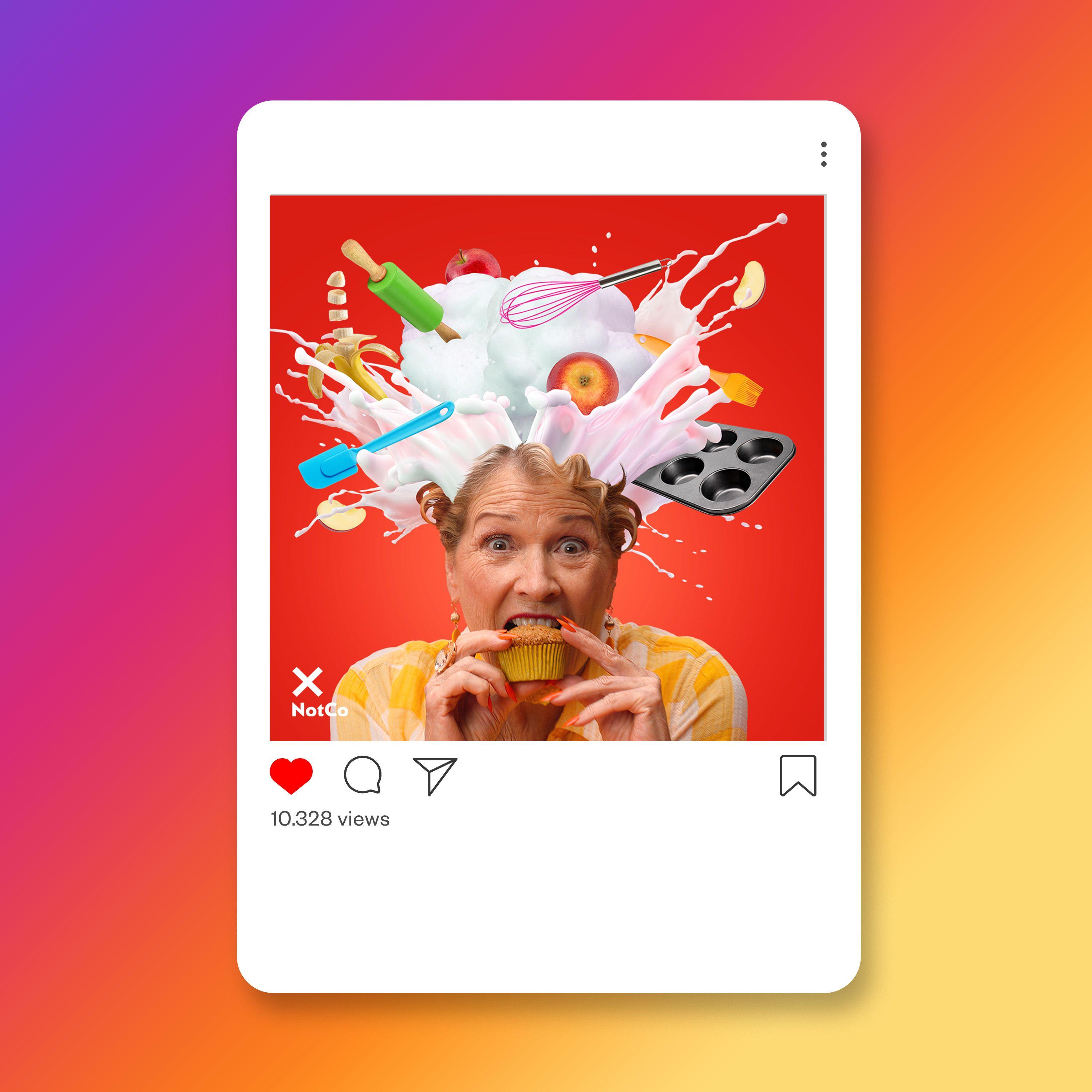 An example of Instagram ad for NotMilk showing mind-blowned people eating products with NotMilk